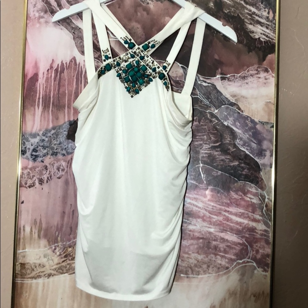 CACHÉ BEADED CROSS STRAP TOP